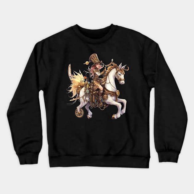 Pink Haired Steampunk Rider: On Her Mechanical Steed Crewneck Sweatshirt by MerlinArt